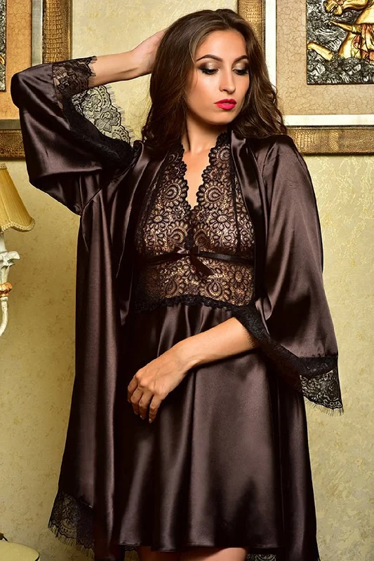 women's pajamas with a relaxed, casual vibeDark Brown Peignoir Set: Babydoll & Robe