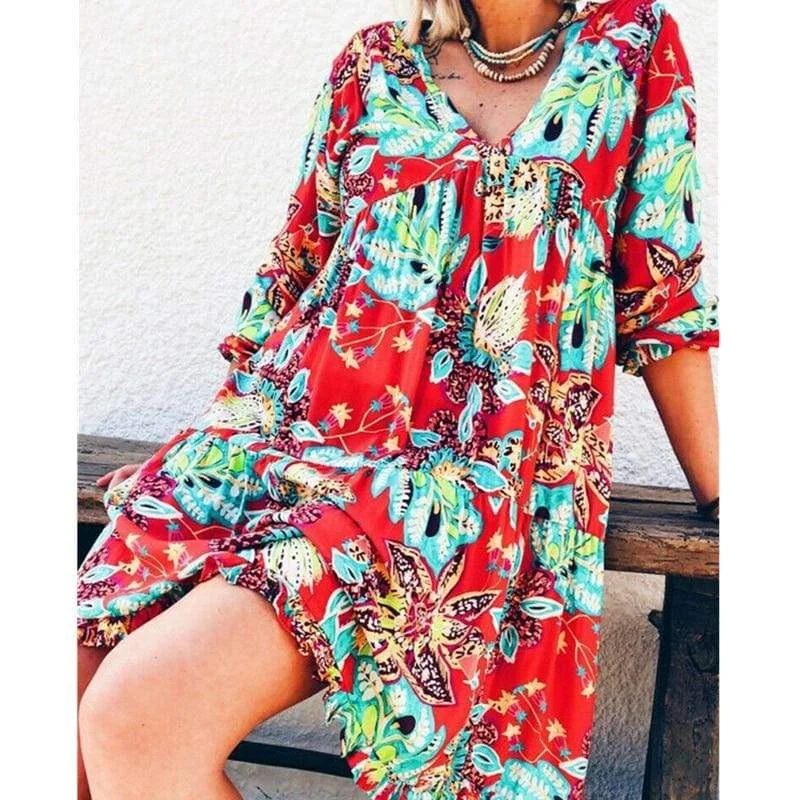 Women's Low Collar DressesFashionSierra - New Fashion Women Long Sleeve Summer Autumn Boho Floral Printed Beach Casual Loose Kaftan Tunic Beach Mini Dress Sundress