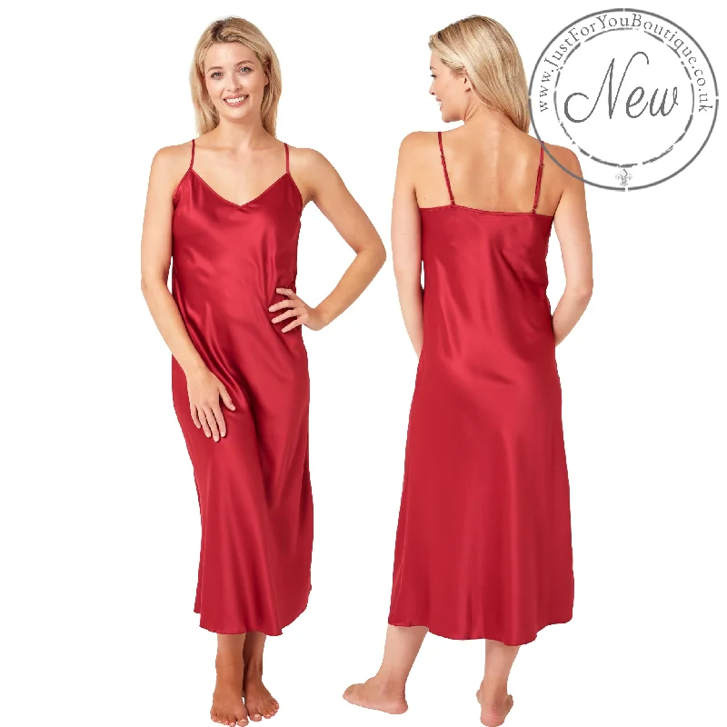 women's pajamas with a vintage lookLong Full Length Burgundy Red Sexy Mat Satin Chemise Nightdress Negligee PLUS SIZE