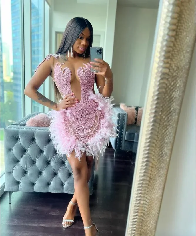 Women's Sweetheart Collar Dressespink Short Prom Dress For Black Girls 2024 Beaded Evening Gown Feathers Birthday Party Gowns Mermaid Robe De Bal Aso Ebi