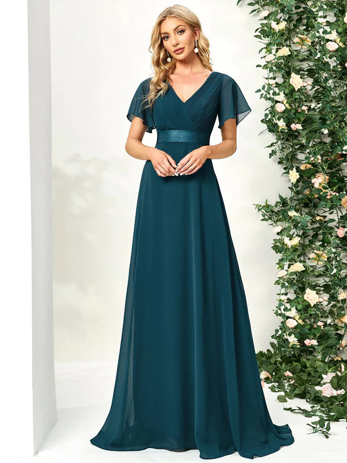 Women's Mini DressesHigh Waist Maxi Chiffon Bridesmaid Dress with Short Sleeves