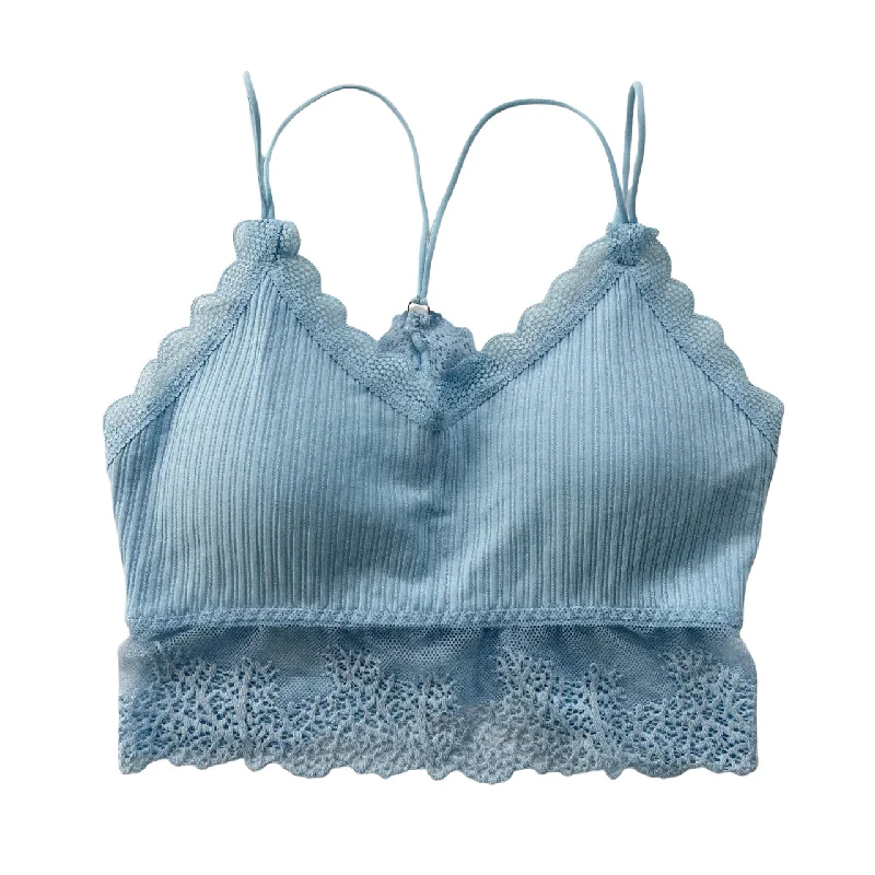 wire-free contour braLight Blue Ribbed Lace Trim Racerback Bralette