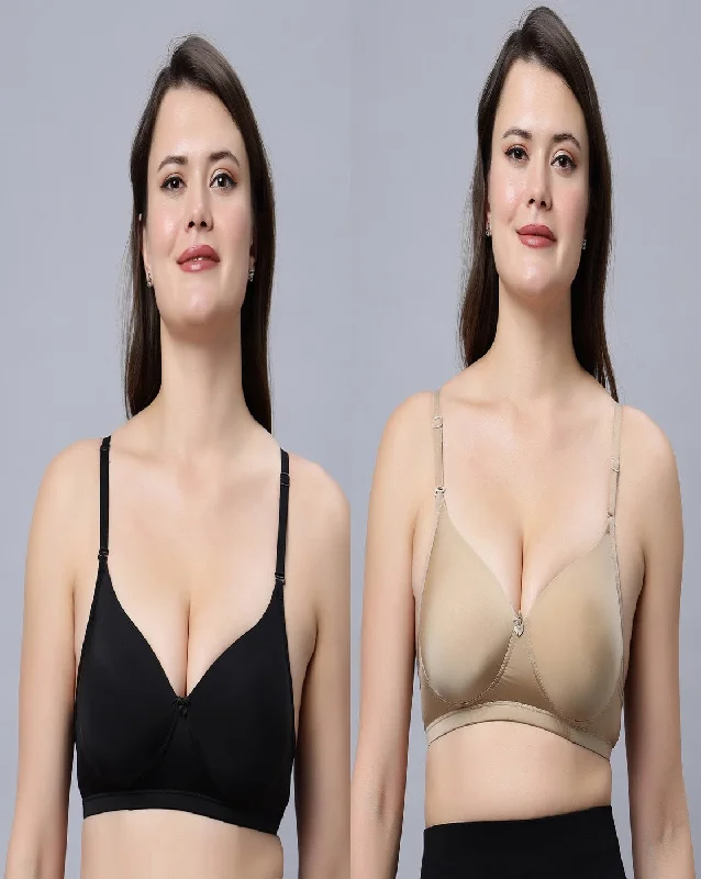 smoothing high-neck braMedium Coverage T-shirt Padded Black and Skin Color Bra (Pack of 2)