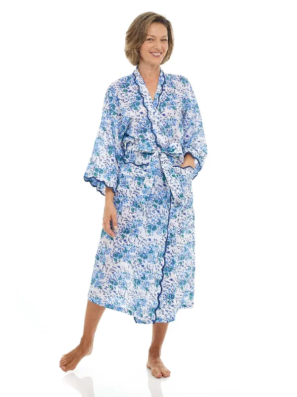 women's pajamas with a stylish cutBlue Floral Print Kimono Robe with Scalloping