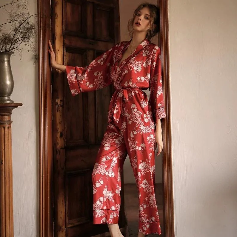 women's pajamas with an elasticized cuffsKimono Floral Printed Pajama, Autumn Long-Sleeves Pajama