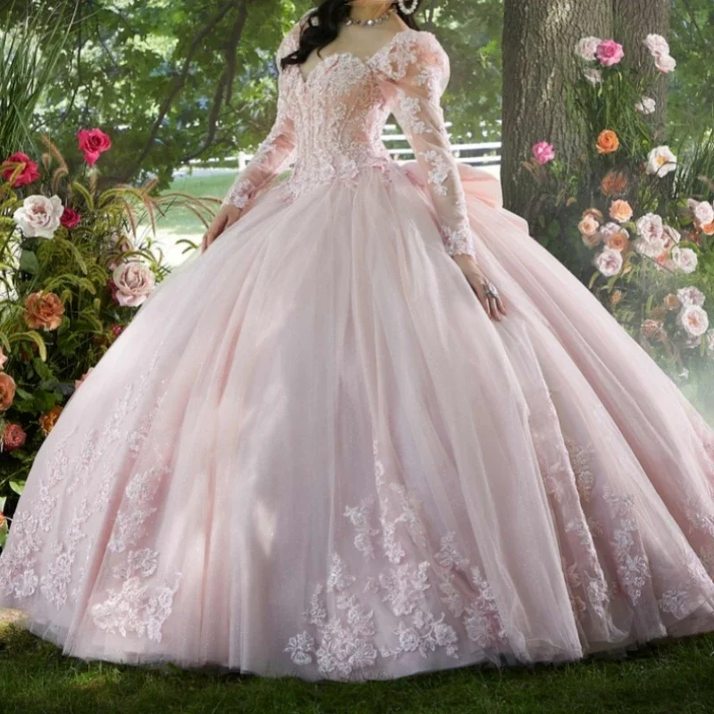 Women's Lapel Collar DressesPink Sweetheart Quinceanera Dress Long Sleeves Applique Lace Beads Sweep Train Sweet 15 Party Dress Gown robes de soiree 15