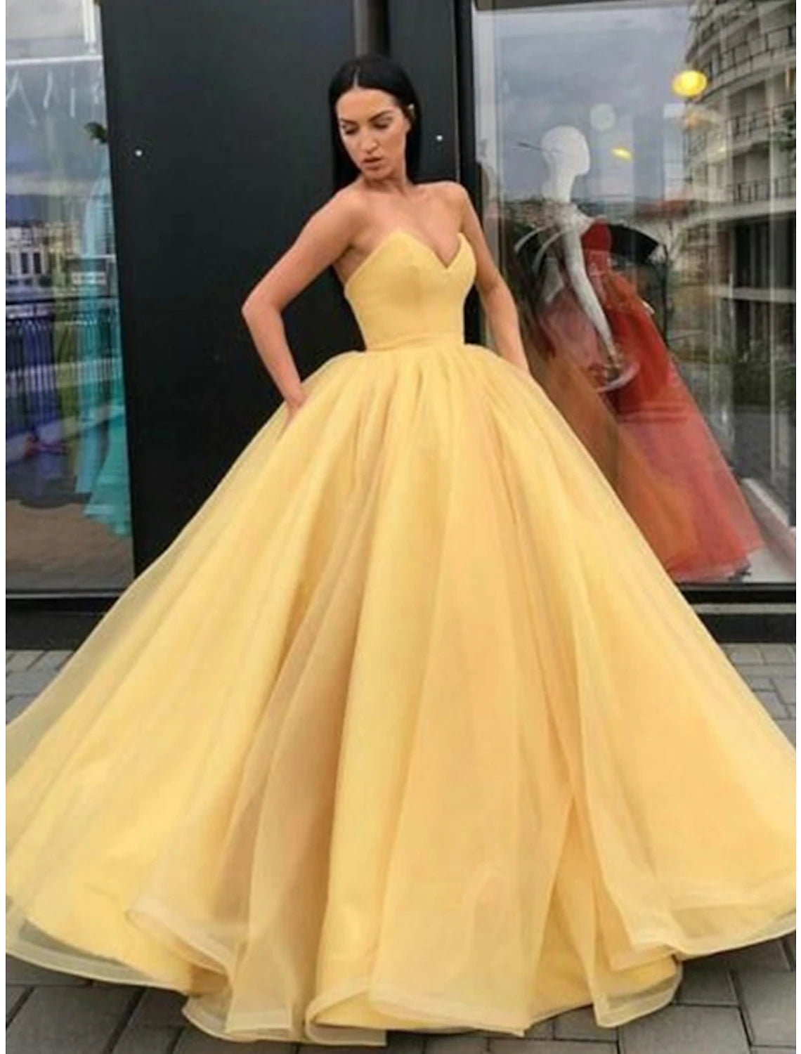 Women's V-Shaped Collar DressesBall Gown Party Dress Beautiful Back Elegant Quinceanera Formal Evening Dress Strapless Sleeveless Floor Length Tulle with Sleek Pleats Tier