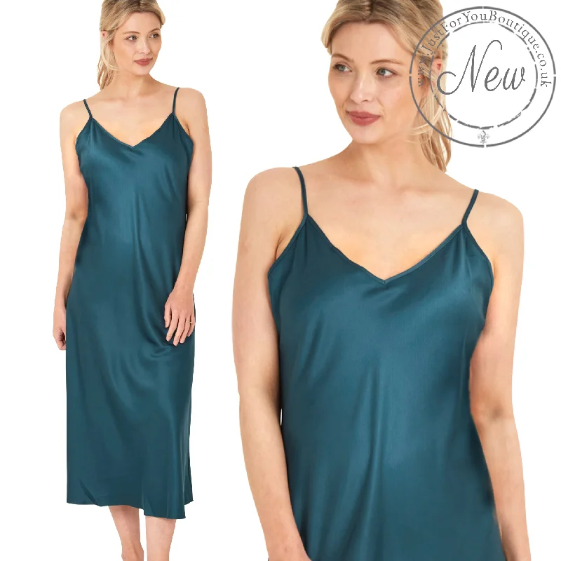 women's pajamas with a charming, vintage aestheticLong Full Length Peacock Petrol Teal Blue Satin Chemise Nightdress Negligee PLUS SIZE