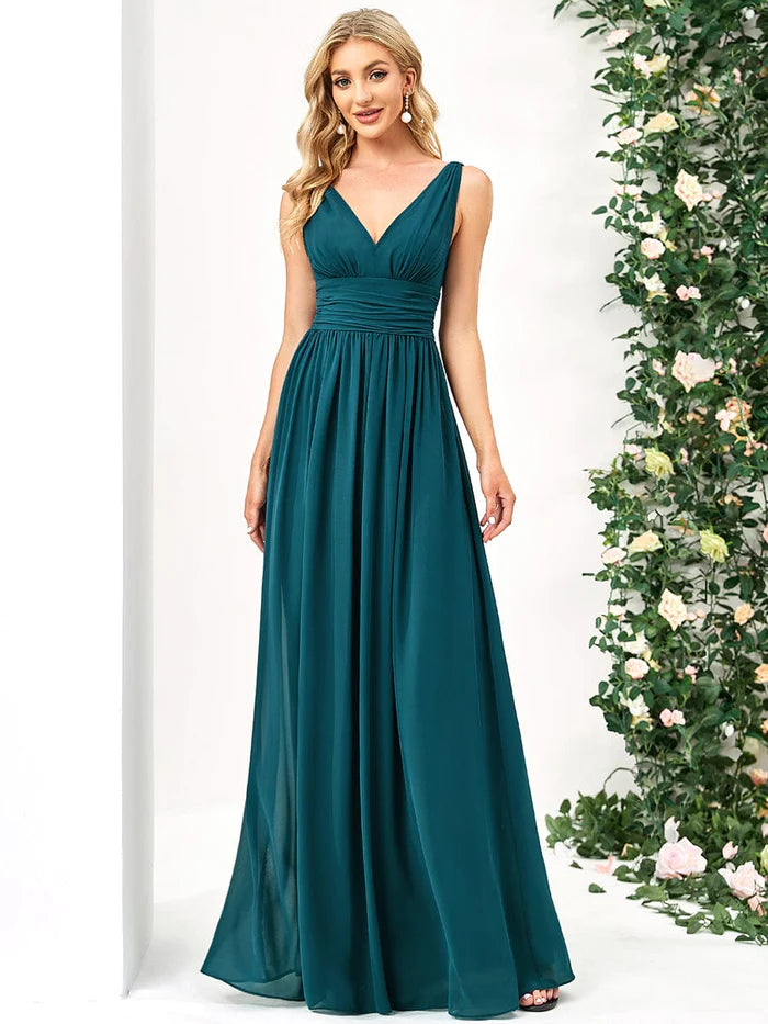 Women's V-Neck DressesElegant V Neck A Line Chiffon Maxi Bridesmaid Dresses