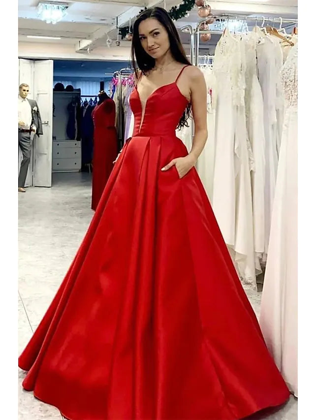 Women's Rounded Collar DressesProm Dresses Minimalist Dress Formal Floor Length Sleeveless V Neck Pocket Satin with Pleats