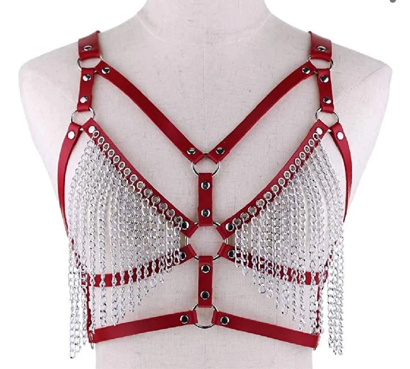 plus-size demi-cup bra with lace overlayleather harnesd bra with chain tassels (+colors)