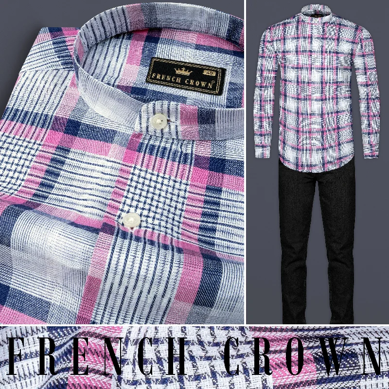 Women's Blouse with Collarless NeckBright White with Hopbush Pink Twill Plaid Premium Cotton Shirt