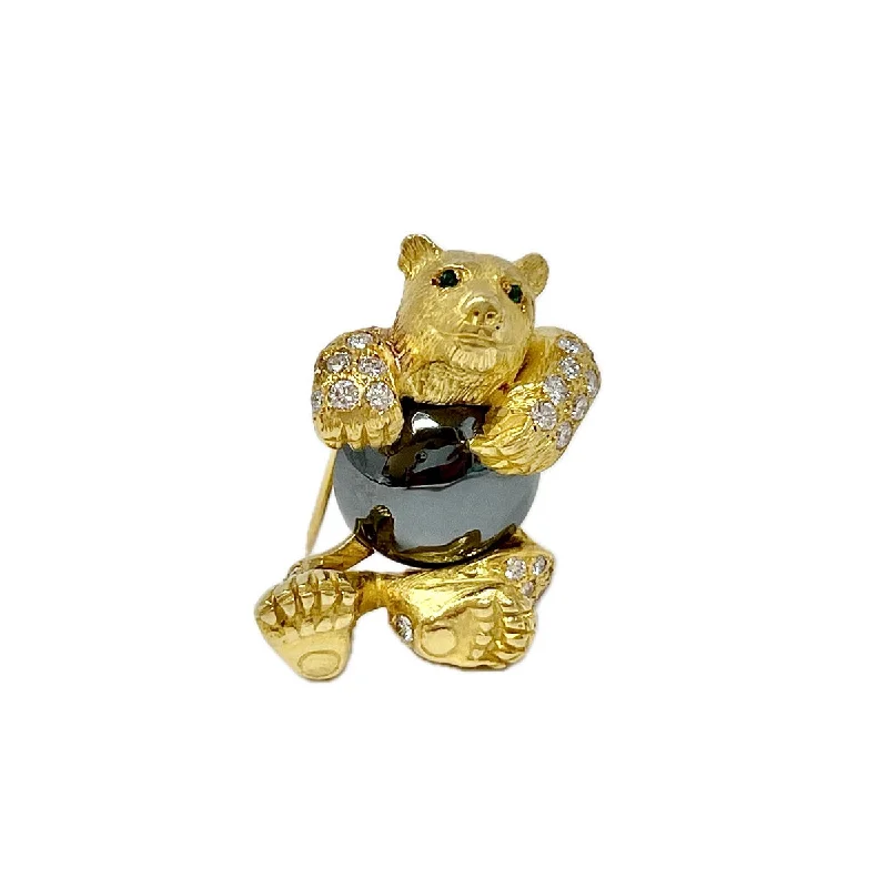 Women's Jumpsuits with Long Length18K Gold Teddy Bear Pin with 60 Diamonds and Round Hematite