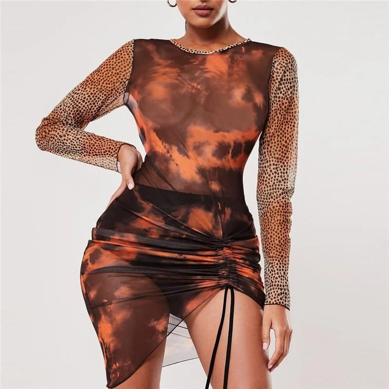 Women's Sweetheart-Neck DressesFashionSierra - Transparent Mesh Long Sleeve Dress Women Lirregular Lace Up Mini Party Dress O Neck Club Nightwear Vestidos De Verano