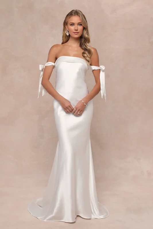 Women's Keyhole-Neck DressesWhite Cutout Satin Off-the-Shoulder Maxi Dress Wedding Dresses