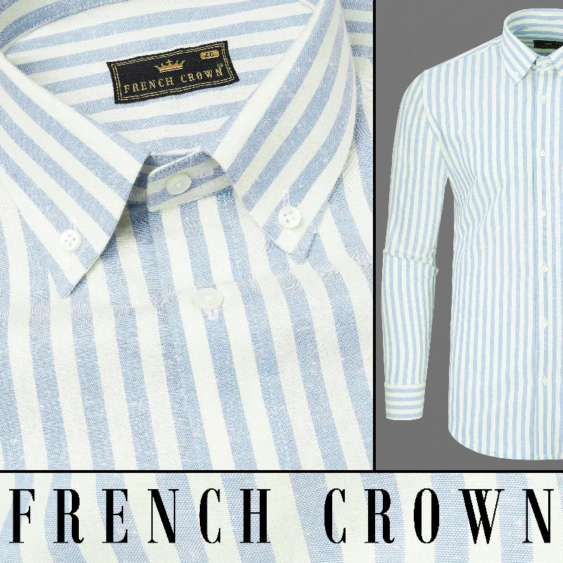 Women's Blouse with Collarless DesignGeyser Blue and off White Striped Luxurious Linen Shirt