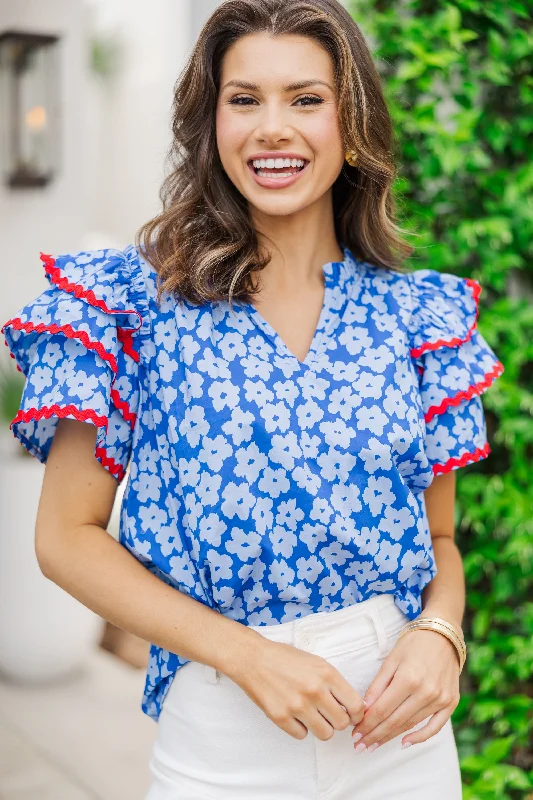 Women's Edgy ShortsWaiting For You Blue Floral Rickrack Blouse