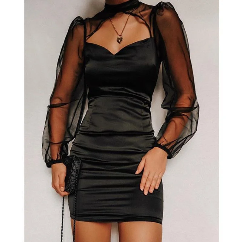 Women's Sweetheart Collar DressesFashionSierra - Mesh Bodycon Mini Dress WomenBlack Hollow Out Long Sleeve Bodycon Mini Dress Women High Waist Sheath Vestidos