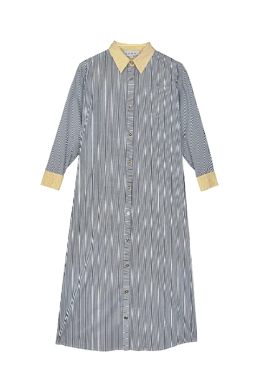 Women's U-Shaped-Neck DressesMidi Boyfriend Shirtdress - Blue and Yellow Stripe