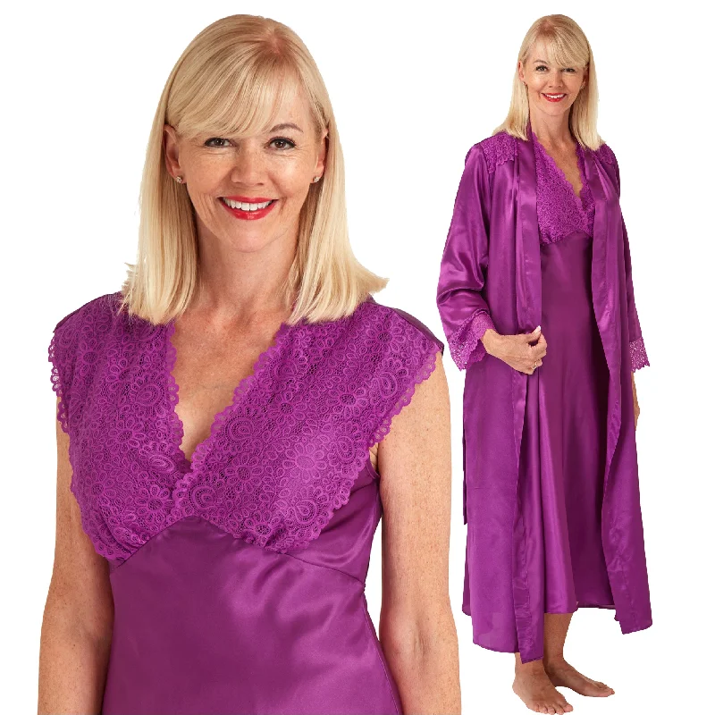 women's pajamas with a timeless appealMatching Fuchsia Purple Pink Sexy Satin Long Nightdress & Wrap Set Negligee Lingerie PLUS SIZE