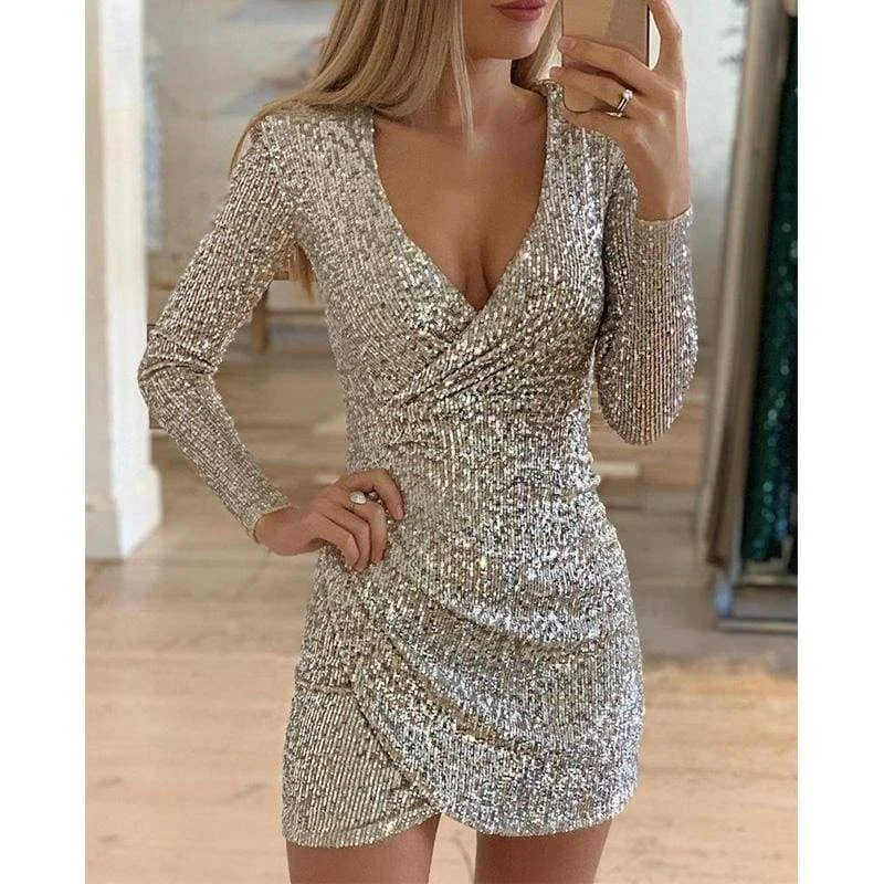 Women's Midi DressesFashionSierra - New Fashion Long Sleeve Sequin Deep V-neck women slim fit mini dress