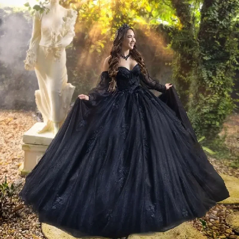 Women's Wide Collar DressesNew In Black Quinceanera Dresses 2024 Detachable Sleeves Sweet 15 16 Girls Brithday Party Gown Puffy Skirt Princess Long Evening