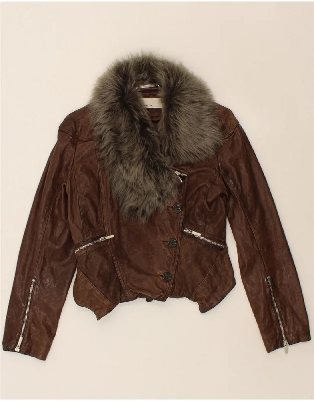 Women's Coats with PocketsKAREN MILLEN Womens Crop Leather Jacket UK 12 Medium Brown Leather