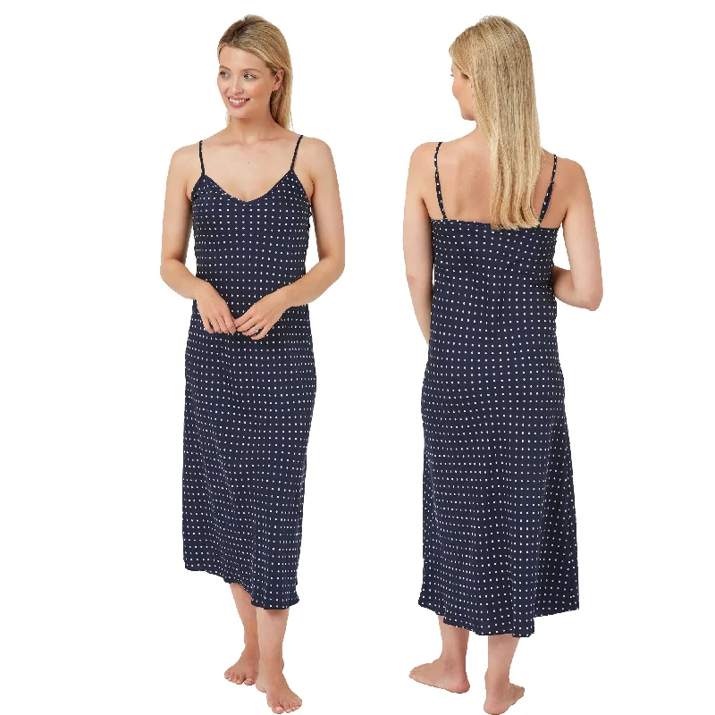 women's pajamas with a comfortable fitLong Full Length Navy Polka Dot Sexy Satin Chemise Nightdress Nightie Negligee