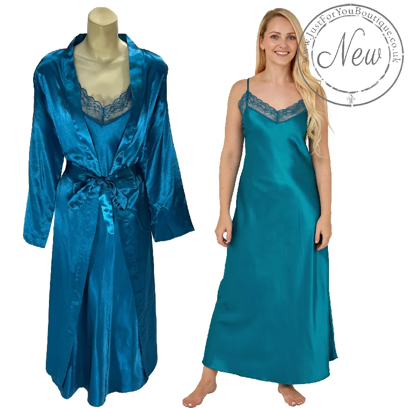 women's pajamas with snap buttonsLong Full Length Teal Blue Sexy Satin & Lace Chemise & Wrap Set