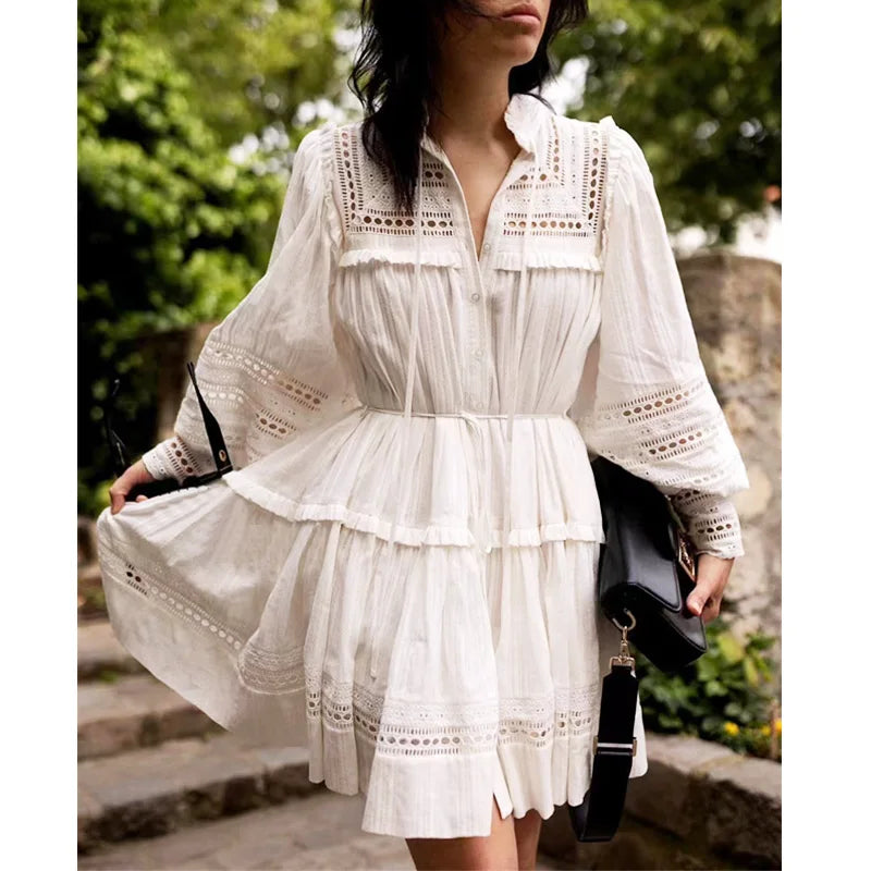 Women's Wide-Neck DressesFashionSierra-Vintage  Embroidery  White  Lace  Puff  Long Sleeve  Mini  Autumn  Elegant Boho Dress