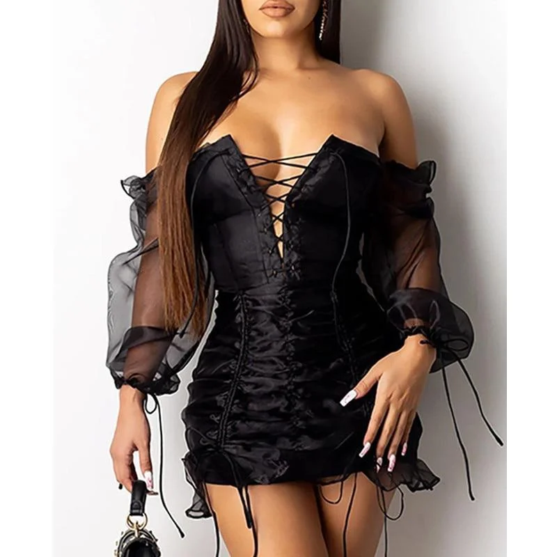 Women's Halter DressesFashionSierra - Lace Up Mesh Sleeve Dress Women Ruched Design Long Sleeve Bodycon Party Dress Summer Off Shoulder Sexy Mini Dresses