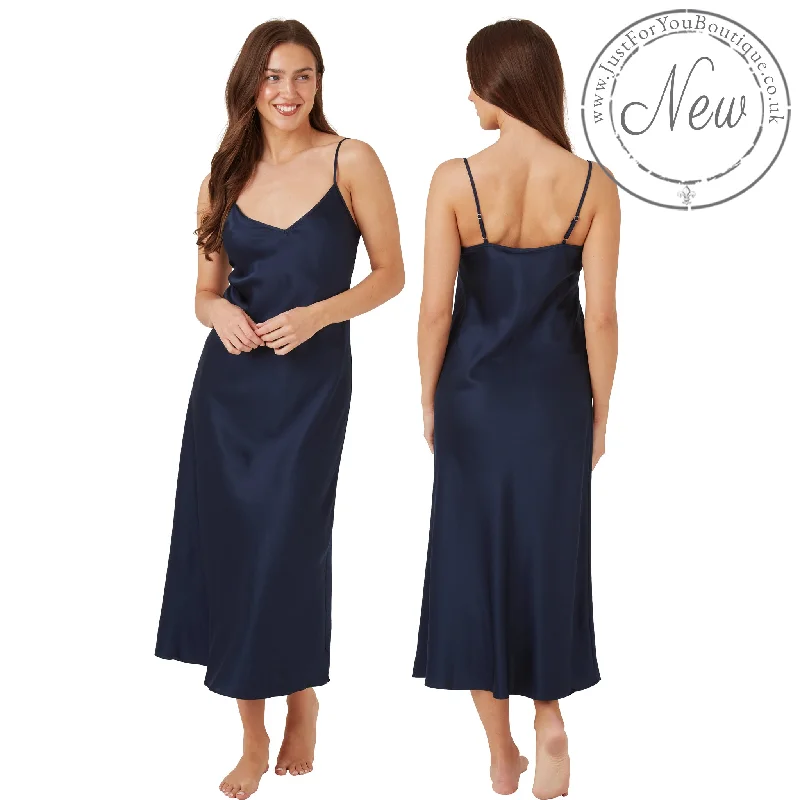 women's pajamas with built-in braLong Full Length Plain Navy Blue Silky Satin Chemise Nightdress Negligee PLUS SIZE