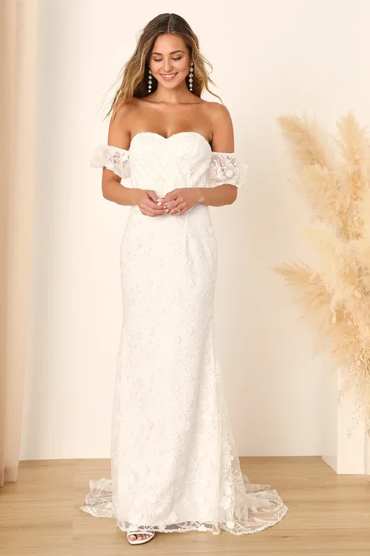 Women's Off-Shoulder DressesWhite 3D Floral Embroidered Maxi Dress One-shoulder Sheath Wedding Dresses