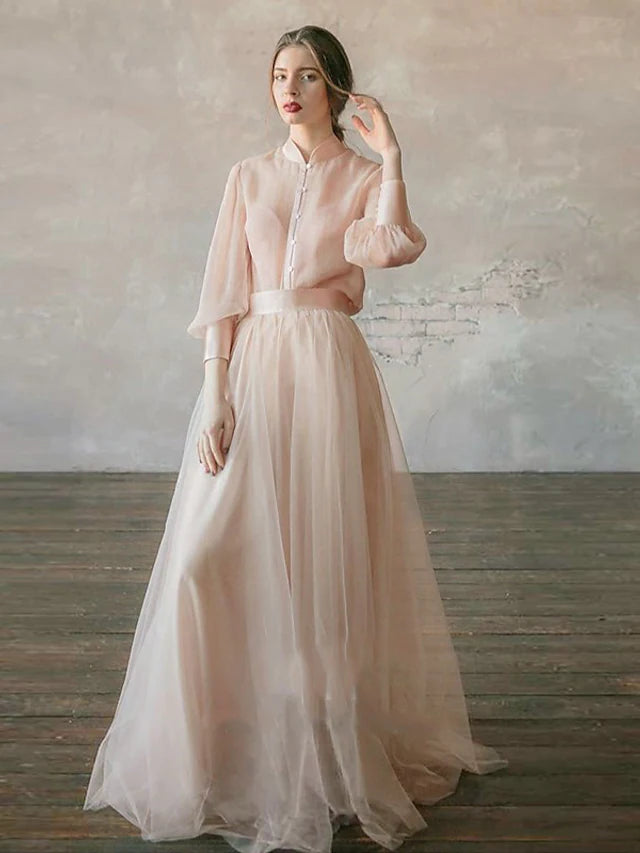 Women's U-Shaped-Neck DressesEmpire Minimalist Wedding Guest Formal Evening Birthday Dress Stand Collar Long Sleeve Floor Length Chiffon with Tier