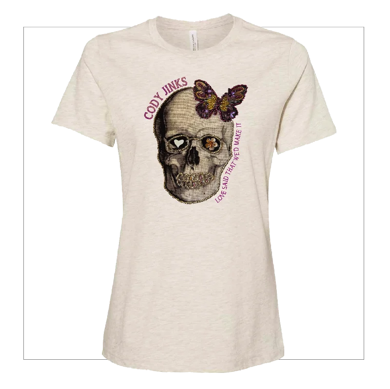 Women's Blouse with Shawl CollarT-Shirt - Ladies - "Flower Skull" (WHITE)