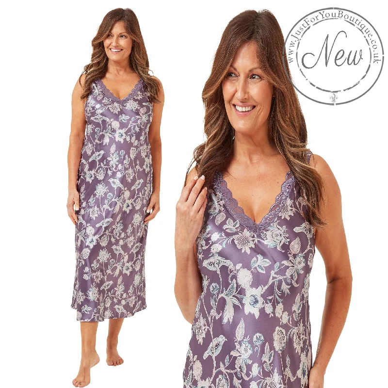 women's pajamas with hidden pocketsFull Length Long Lilac Purple Floral Sexy Shiny Silky Satin Nightdress Negligee PLUS SIZE