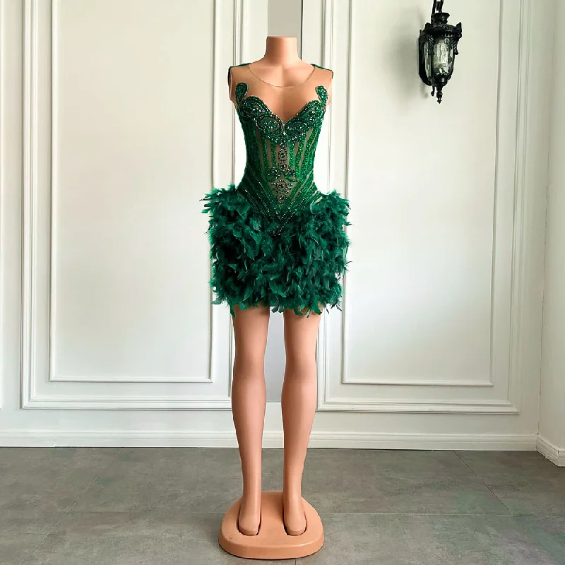 Women's V-Neck DressesReal Luxury Black Girls Formal Occasion Birthday Party Dresses Emerald Green Feather Women Short Prom Dress