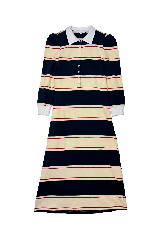 Women's Narrow-Neck DressesCollared Knit Dress MIDI - Rugby Stripe