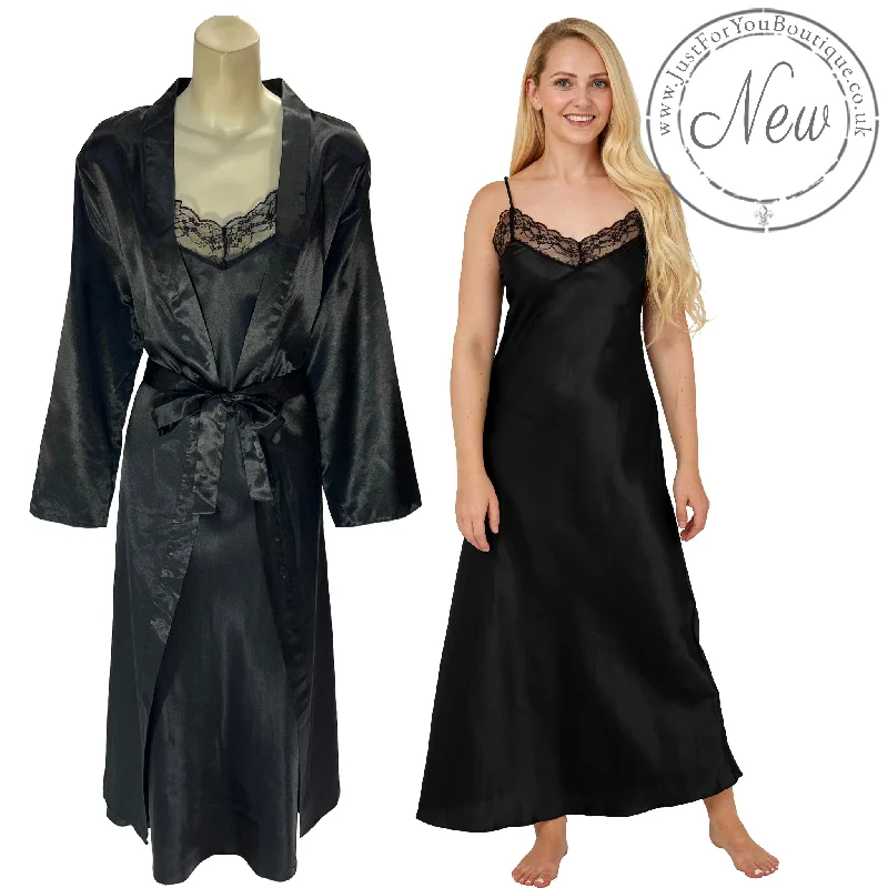 women's pajamas with pocketsLong Full Length Black Sexy Satin & Lace Chemise & Wrap Set