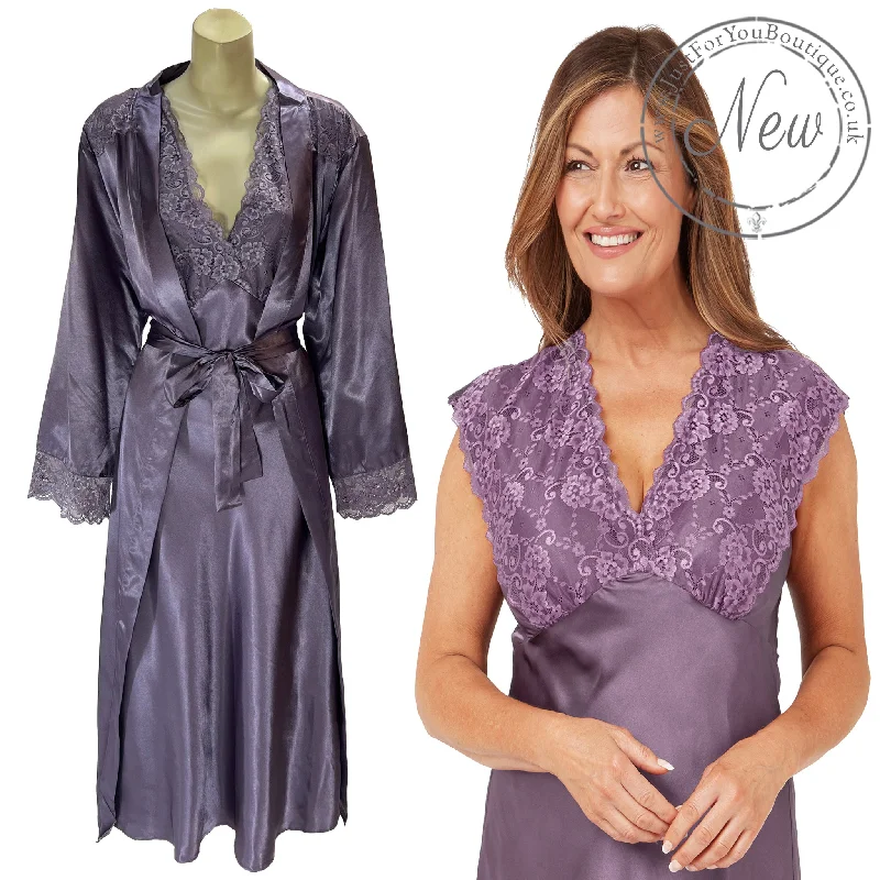 women's pajamas with built-in shortsMatching Plain Lilac Purple Sexy Satin Long Nightdress & Wrap Set Negligee Lingerie PLUS SIZE