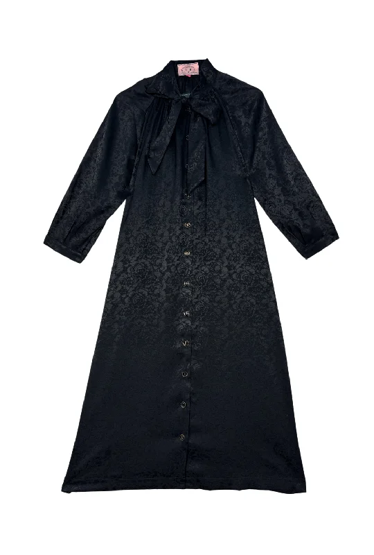 Women's Sweetheart-Neck DressesBow Housecoat - Black Floral Jacquard