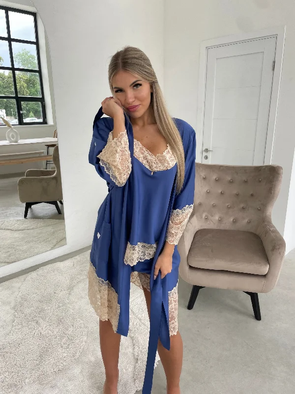 women's pajamas with a fitted designNightwear robe set: BLUE & CHAMPAGNE