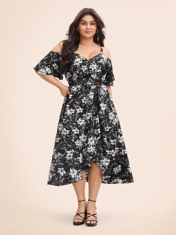 Women's Notched Collar DressesFloral Heart Neckline Ruffle Trim Dress