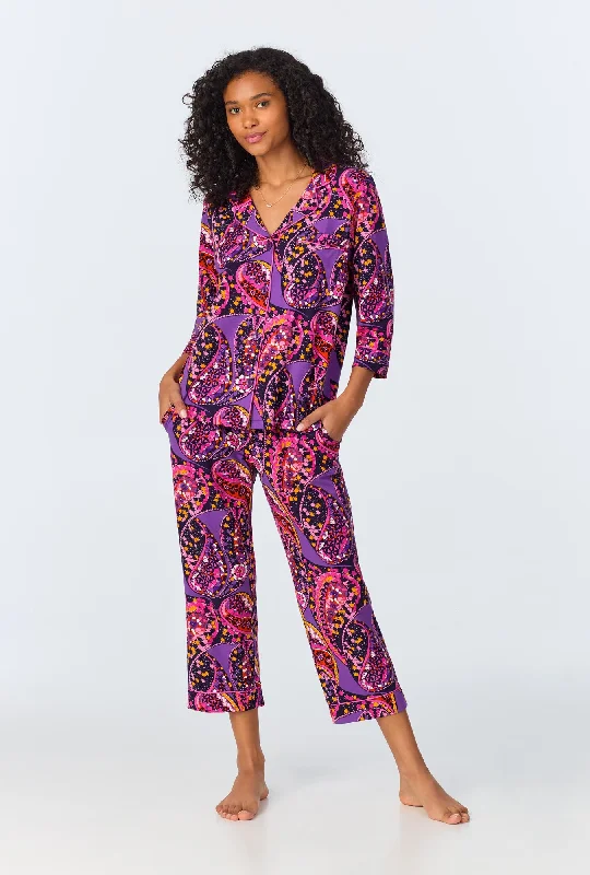 women's pajamas for a cozy night inBedHead x Trina Turk Tangled Paisley 3/4 Sleeve Classic Stretch Jersey Cropped PJ Set