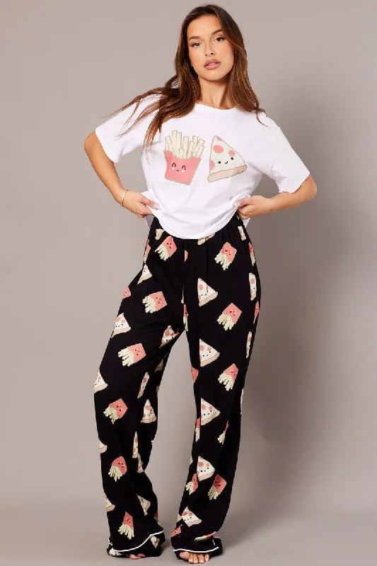 women's pajamas with a charming floral patternBlack Print Graphic Pj Set Pizza Fries Novelty Pyjama