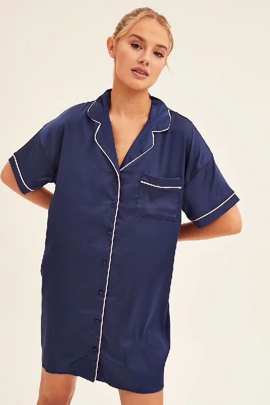 women's pajamas for a night of restBlue Nightgown Short Sleeve Collared Mini Satin