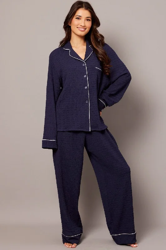 women's pajamas for a good night's sleepBlue PJ Set Long Leg Contrast Piping Textured Fabric