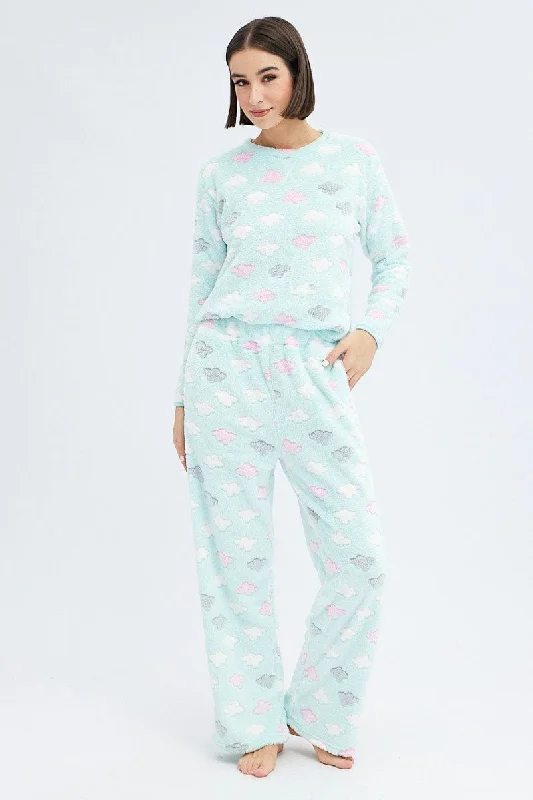 women's pajamas with a sophisticated, modern twistGreen Print Fluffy Pj Mint Cloud Print Cosy Pyjama Set