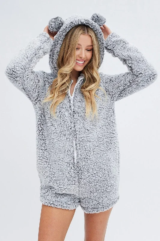 women's pajamas for bed and breakfast staysGrey Fluffy PJ Cosy Pyjama Onesie