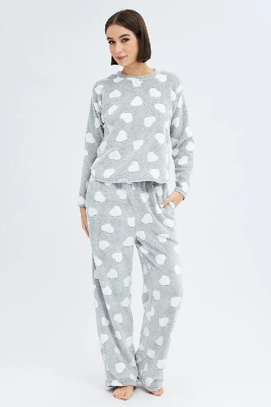 women's pajama sets with matching robesGrey Print Fluffy Pj Mint Cloud Print Cosy Pyjama Set